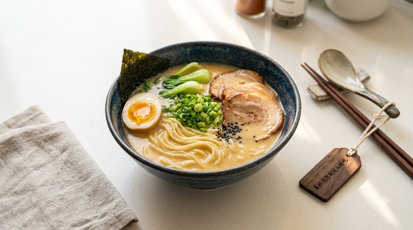 クリーミーな黄金色の豚骨風スープに、チャーシュー、味付け玉子、たっぷりのネギをトッピングしたインスタントラーメン。