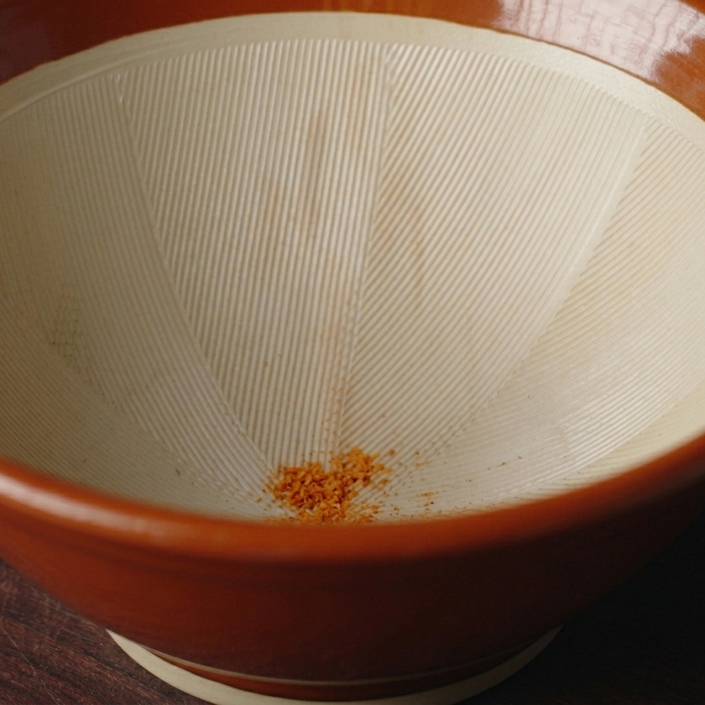 空の陶器のボウルの底にある乾燥調味料パウダーと乾燥野菜フレーク。