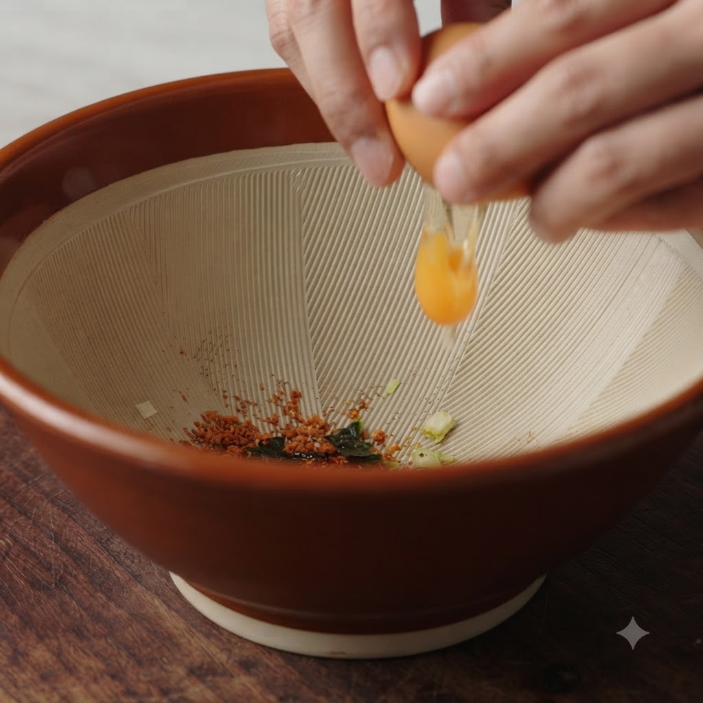 調味料の入ったボウルに、卵黄と卵白が落ちるように新鮮な卵を割っている手。