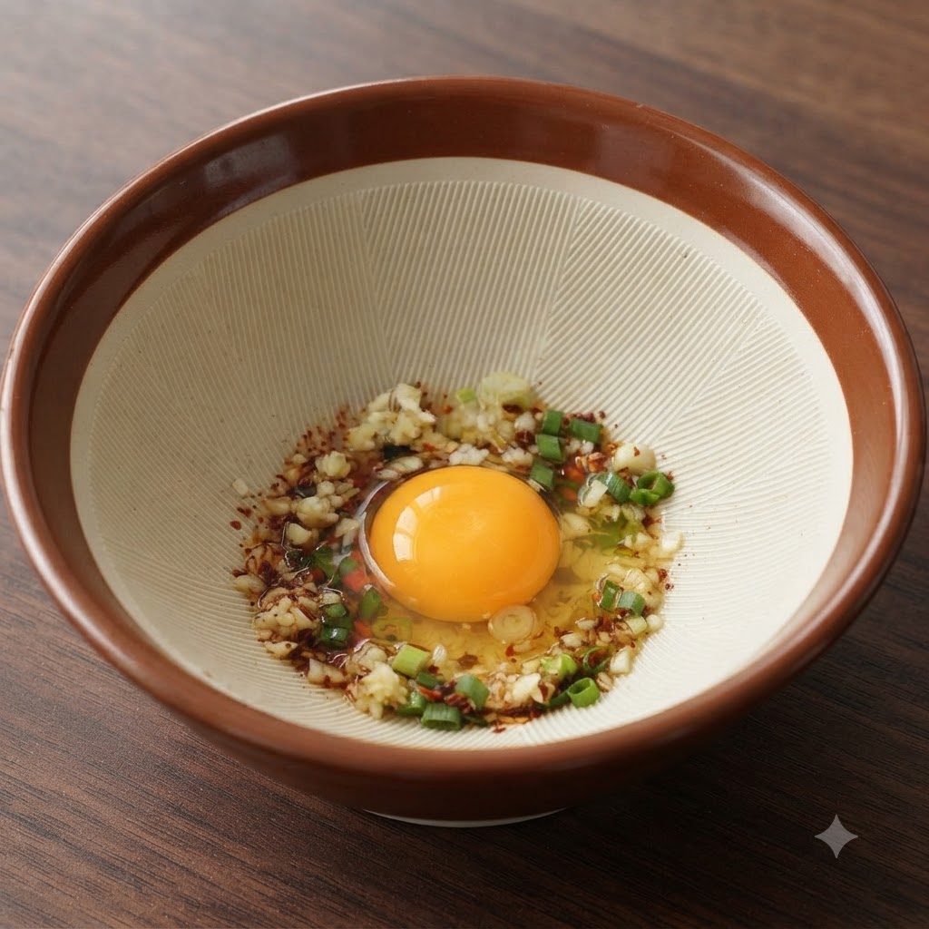 調味料のボウルに入った生卵の黄身の周りに散らばる新鮮なみじん切りニンニク。