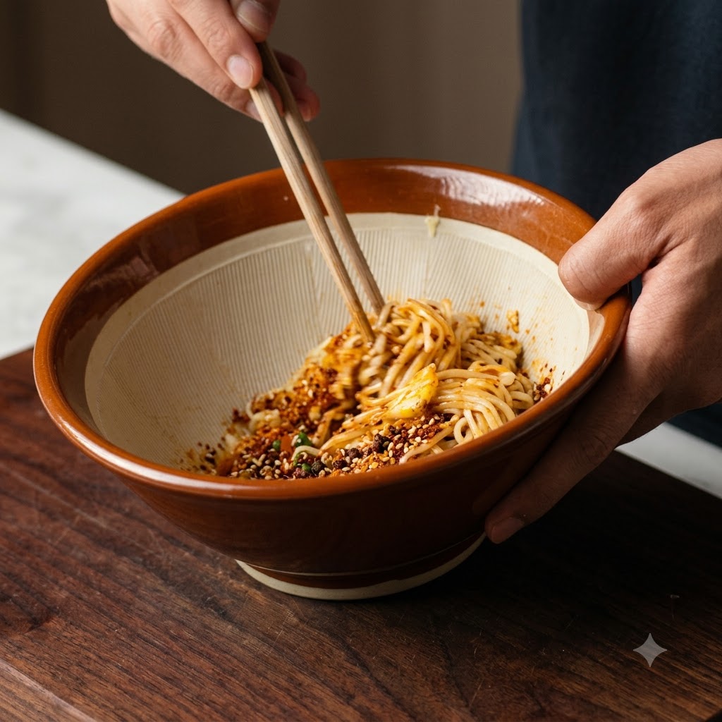 陶器のボウルの中でソースの材料を箸で混ぜ合わせている様子。