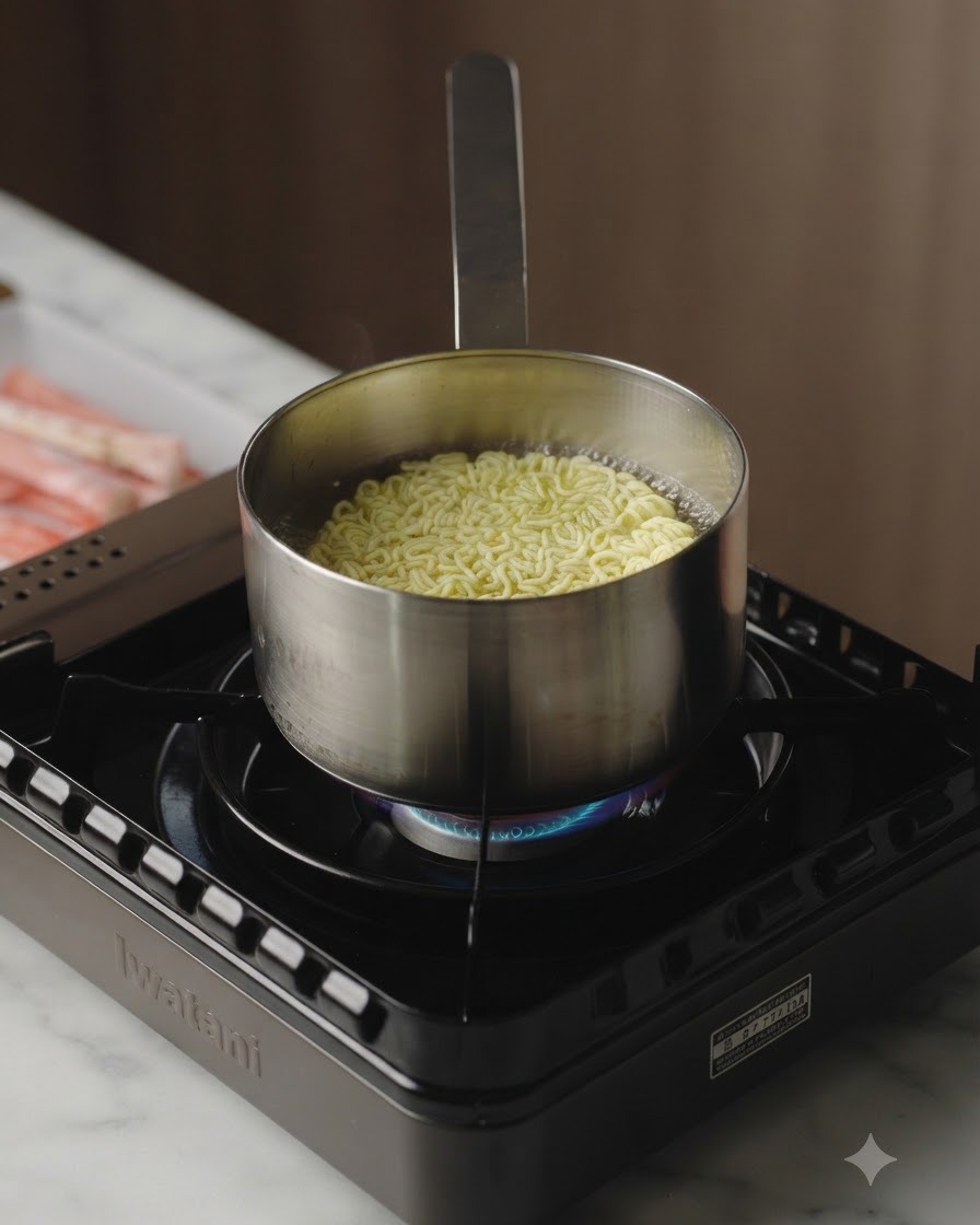 ポータブルコンロの上のステンレス鍋で、インスタントラーメンと生肉のスライスが一緒に茹でられている様子。