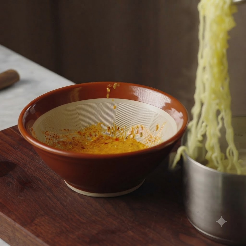 調味されたニンニクソースの入った茶色の陶器のボウルに、鍋から茹でた麺が加えられている様子。