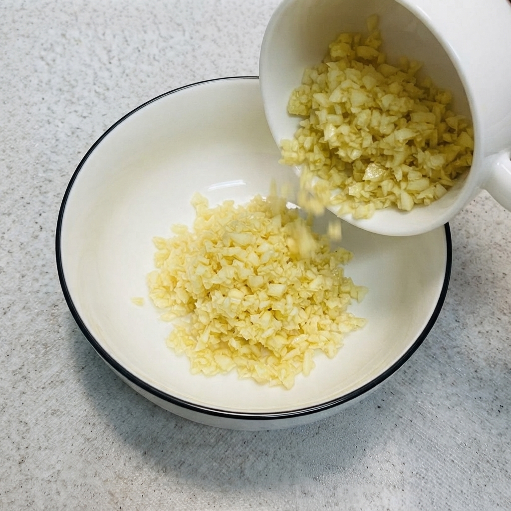 小さなカップから、卵黄とドレッシングが入ったボウルに注ぎ込まれるみじん切りのニンニク。