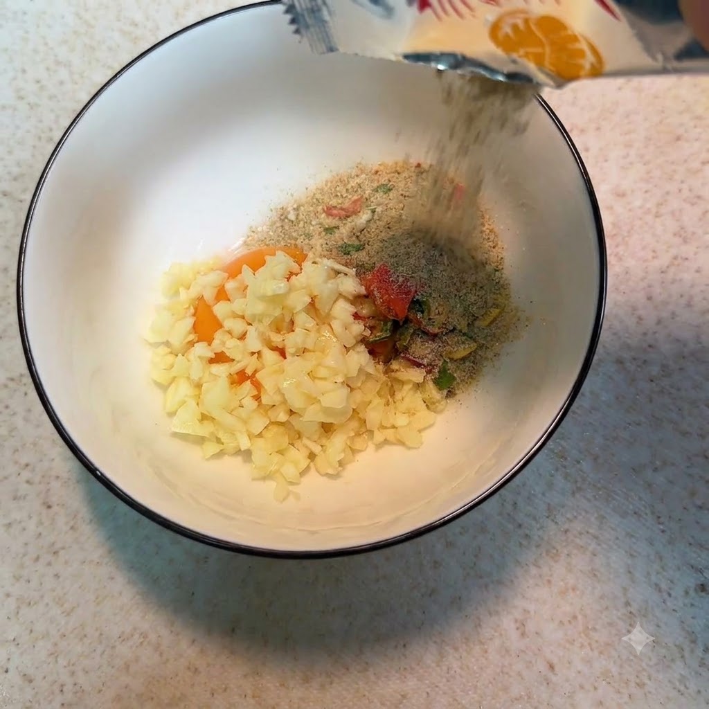 開封した袋から、ミキシングボウルへと注ぎ込まれるインスタント麺の粉末スープと乾燥かやく。