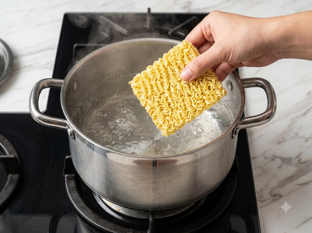 コンロ上の沸騰したお湯の入った鍋の上に、乾燥インスタントラーメンのブロックを手に持ってかざしている様子。