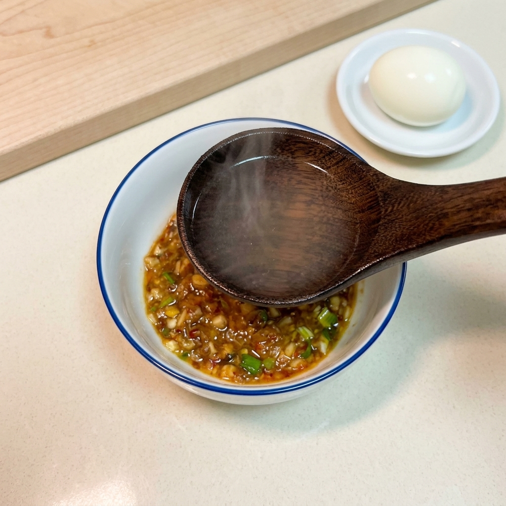 ソースと調味料のベースが入ったボウルの上で、お湯ですくった木製のお玉。