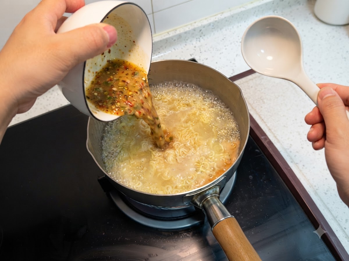 コンロ上の茹でている麺の鍋に、液体状の調味料ミックスをボウルから注いでいる様子。