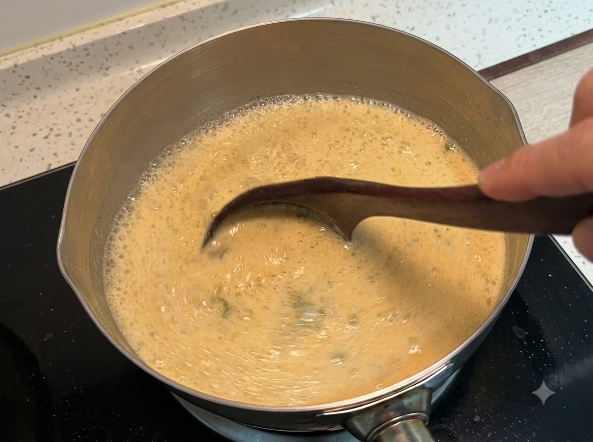 コンロ上の金属製の鍋の中で、木べらが濃厚でクリーミーな泡立つスープをかき混ぜている様子。