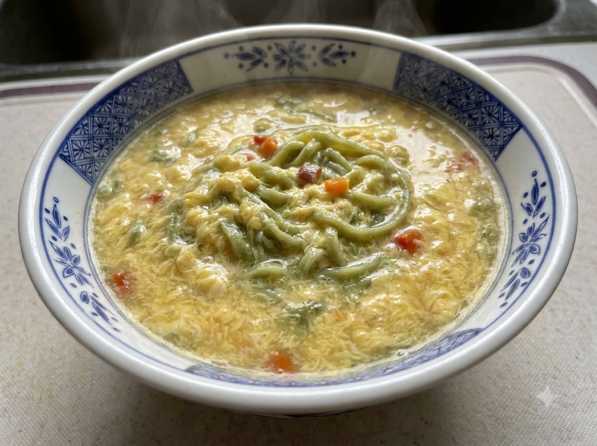 青と白の模様が入った丼に、茹で上がった麺とクリーミーなスープを注ぎ入れている様子。