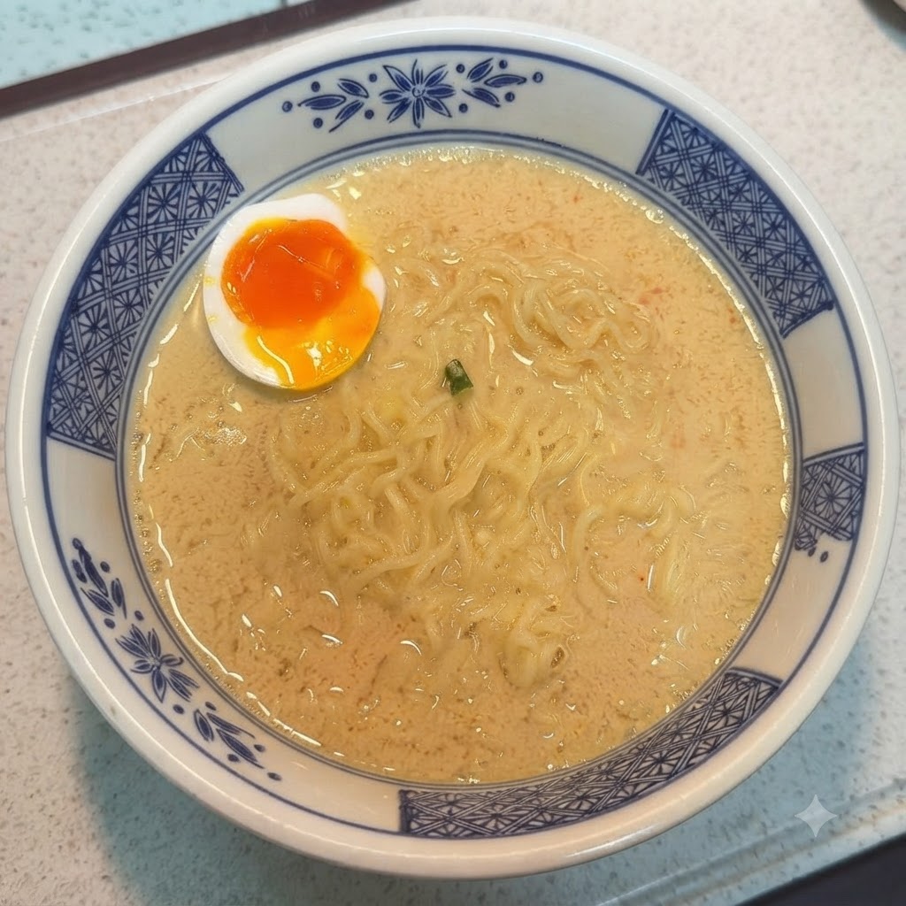 半分に切った半熟卵が入った、麺の盛り付けられた丼。