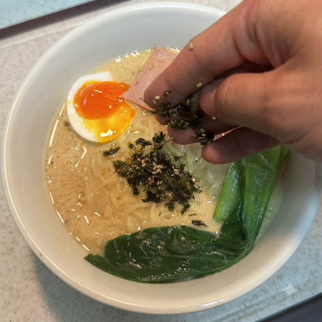 ラーメンの丼に、海苔フレークとゴマを手で振りかけている様子。