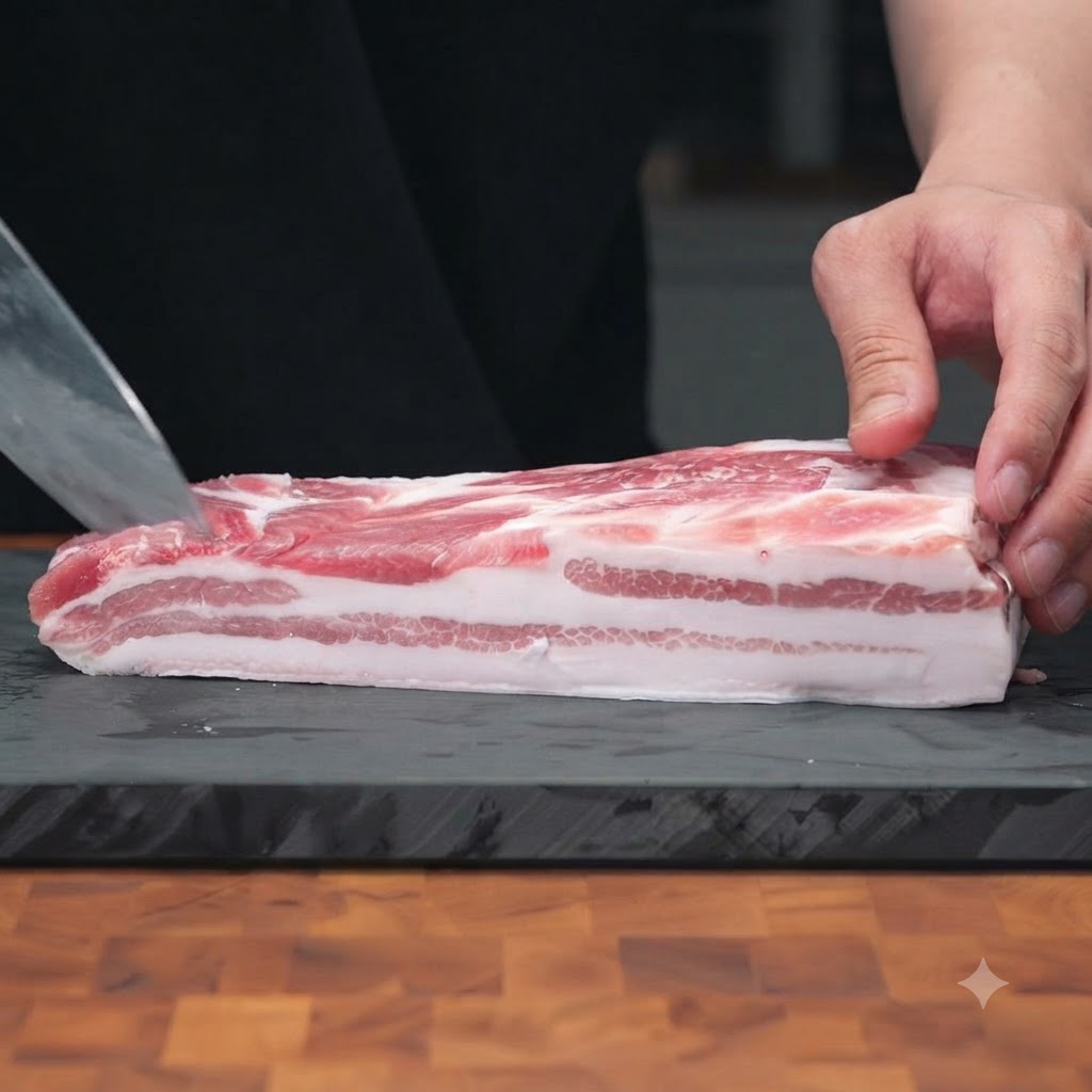 厚切りの生肉の豚バラ肉が沸騰したお湯に沈められ、下茹でされている様子。