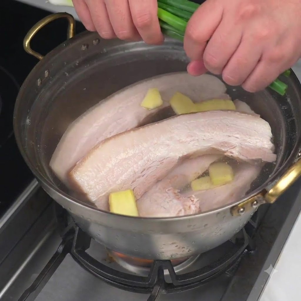 生姜のスライスと青ネギが、豚バラ肉の入った鍋に加えられている様子。