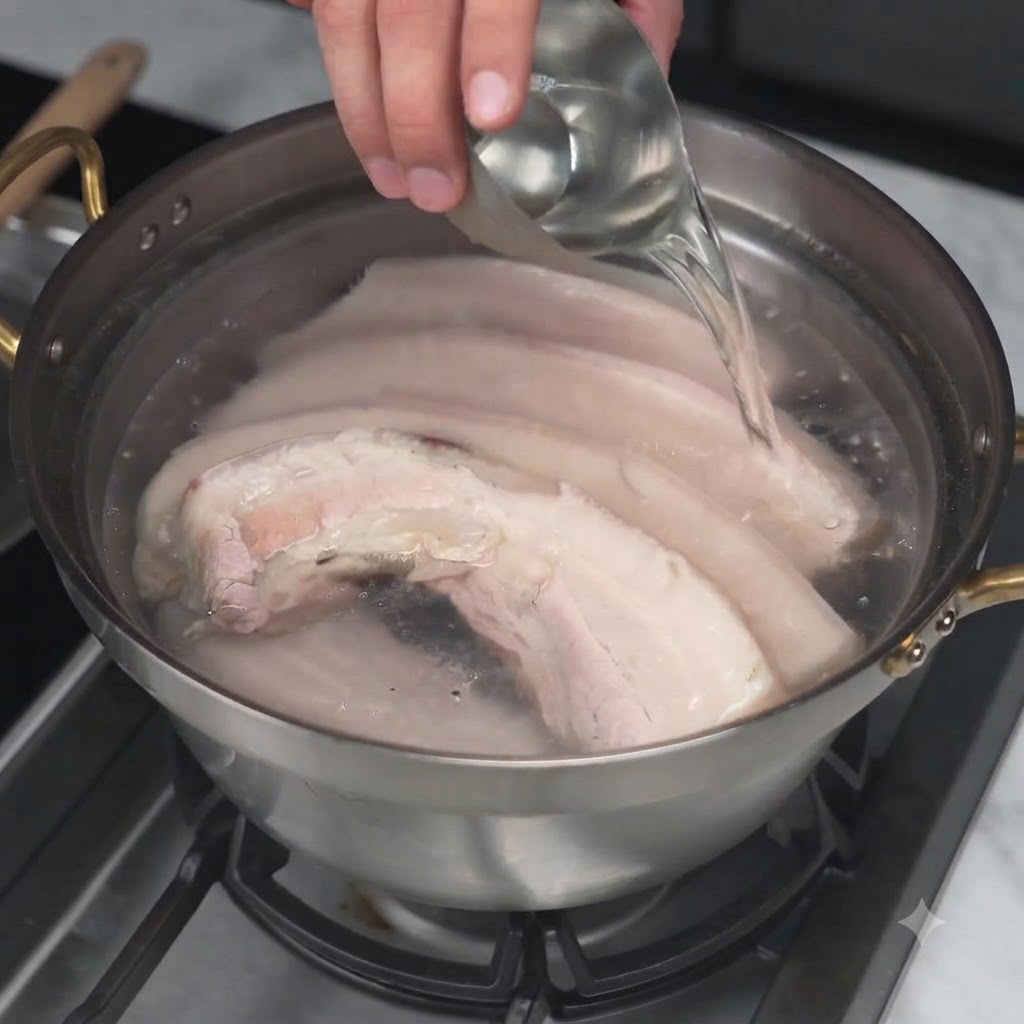 金属製のお玉から調味液が豚バラ肉の入った鍋に注がれている様子。