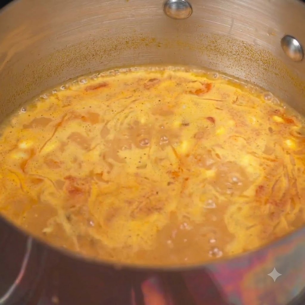 甘酢と唐辛子パウダーが、煮立っているラーメンスープの鍋に混ぜ入れられている様子。