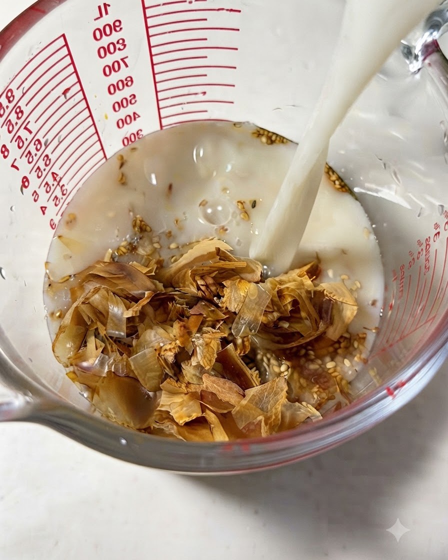かつお節、ごま、調味料が入った計量カップに液体を注いでいる様子
