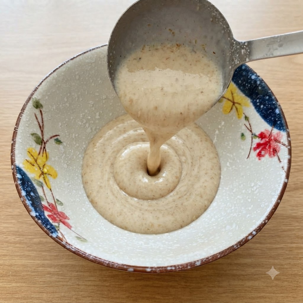 金属製のお玉で、模様の入った陶器の丼に熱々のクリーミーなスープを注いでいる様子