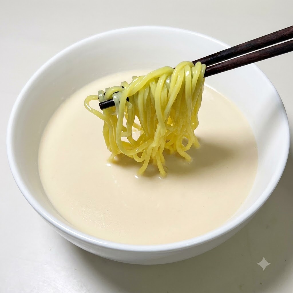 箸で黄金色のラーメンの麺を持ち上げ、クリーミーな白いスープの入った丼にかざしている様子