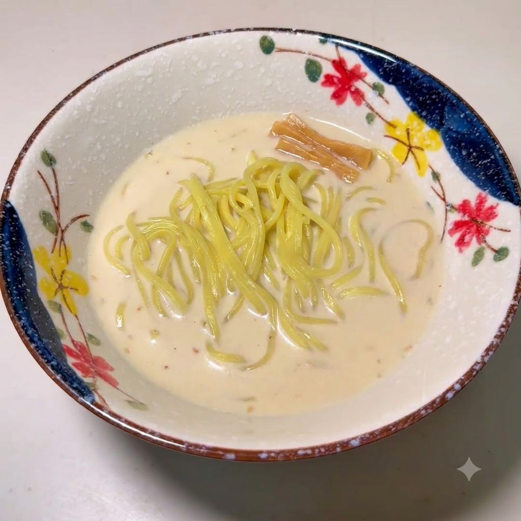 スープに浸かったラーメンの麺にメンマが添えられている、模様入りの丼