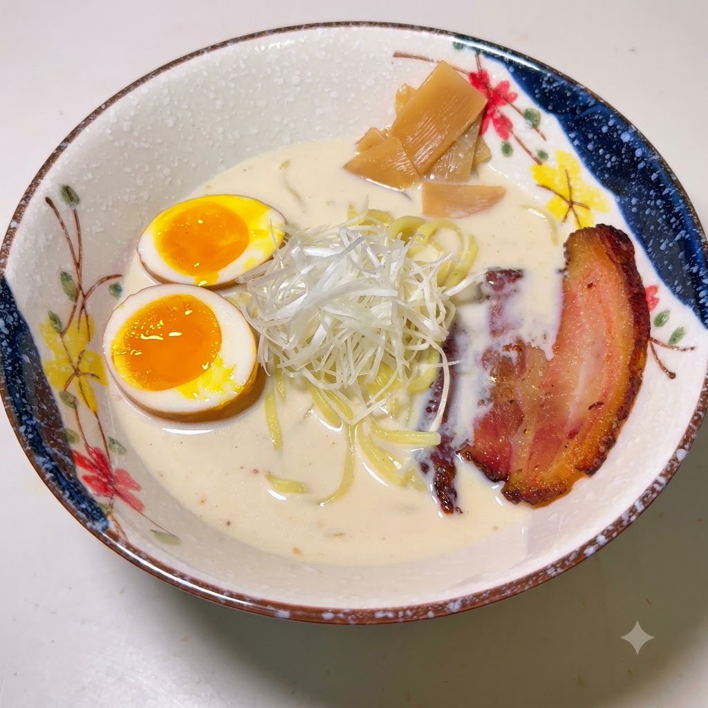メンマ、半分に切った半熟卵、白ねぎの千切り、チャーシューがトッピングされたラーメンの丼