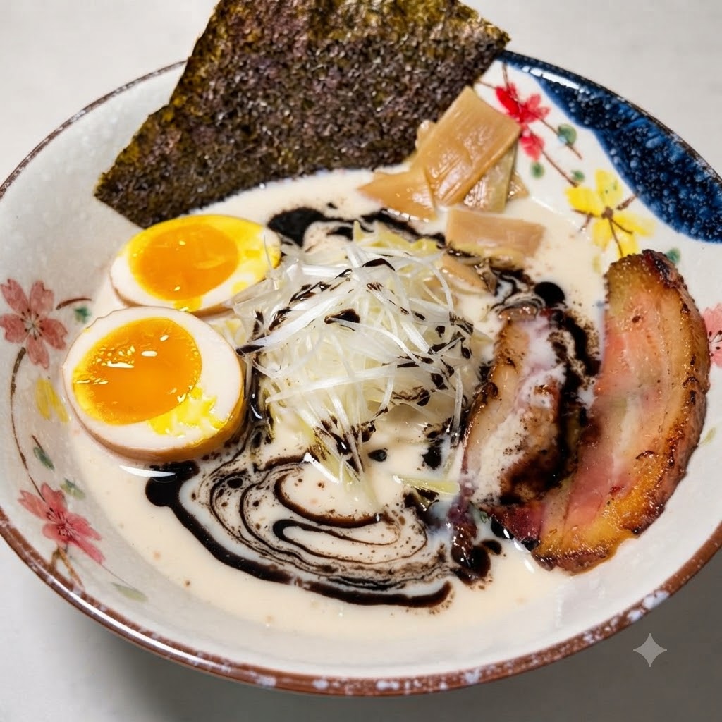 クリーミーな豚骨スープとトッピングの上から黒マー油が回しかけられた、完成したラーメンの丼