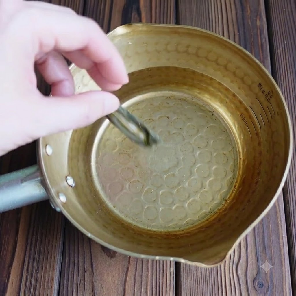 水を入れた真鍮の鍋に乾燥昆布を入れている様子。