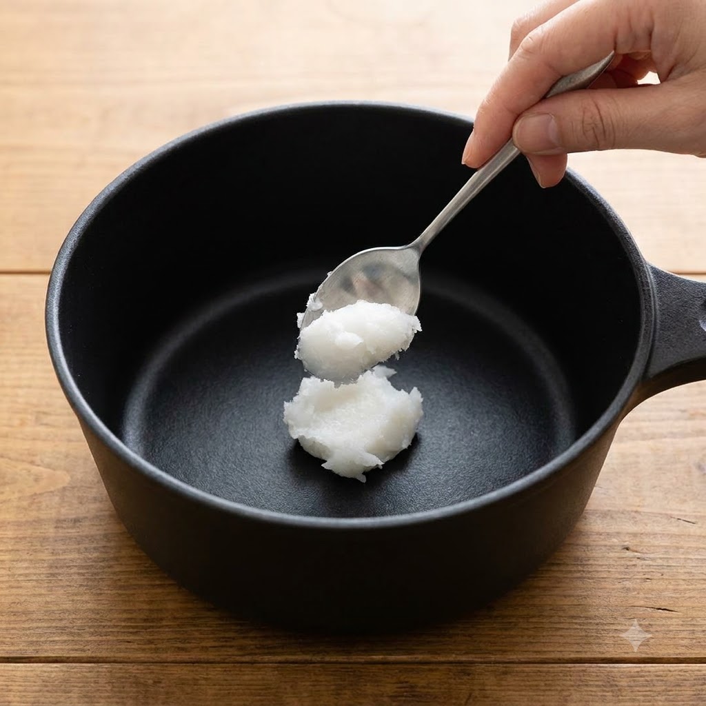 黒い鍋の中にスプーン一杯のラードを入れようとしている様子。