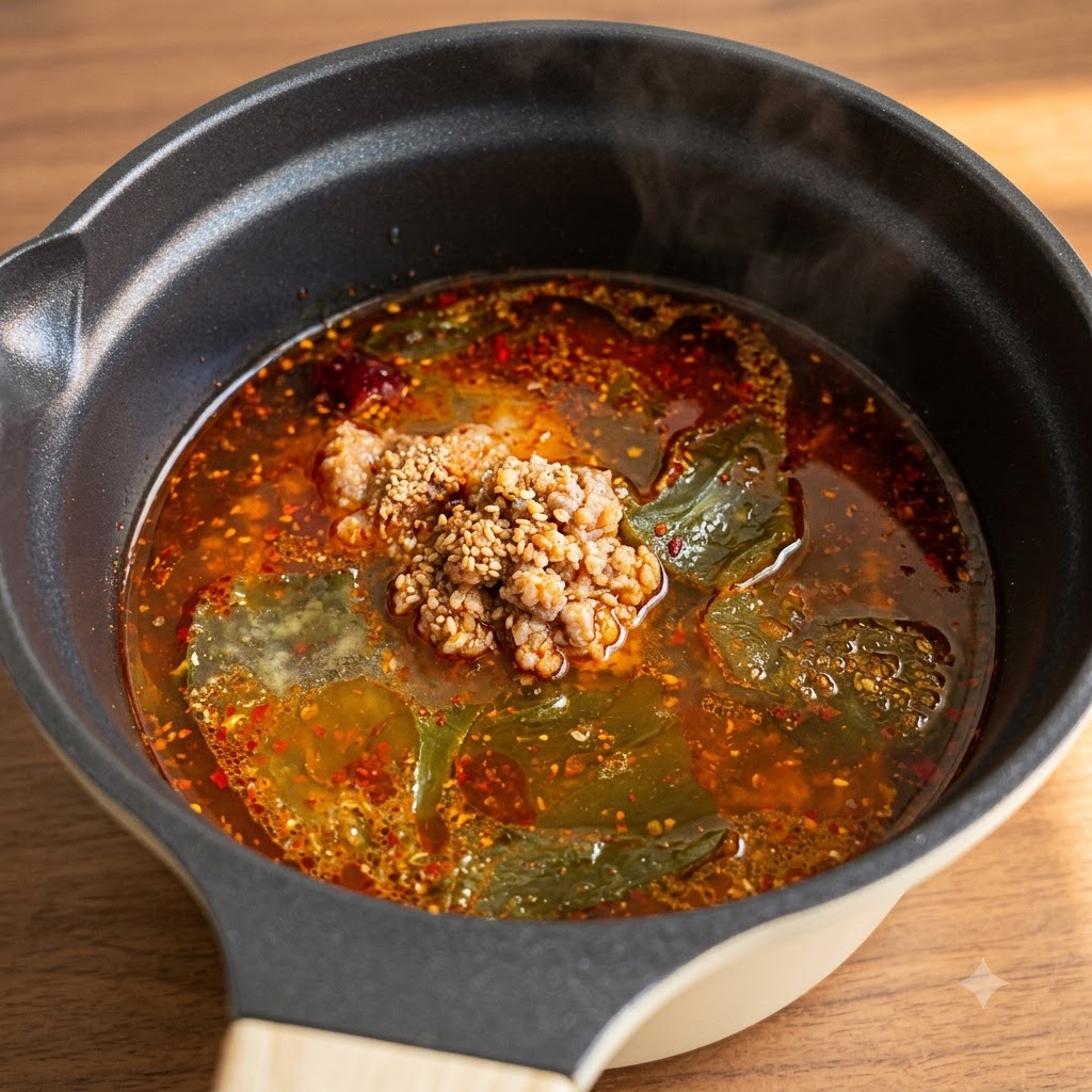 煮立っている鍋に料理酒、みりん、薄口醤油を注ぎ入れている様子。