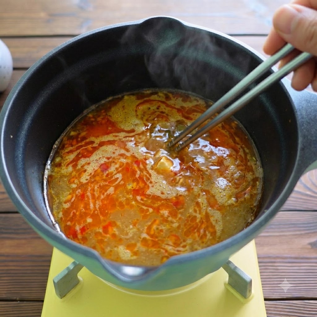 熱いスープの中から金属製の箸を使って昆布を持ち上げている様子。