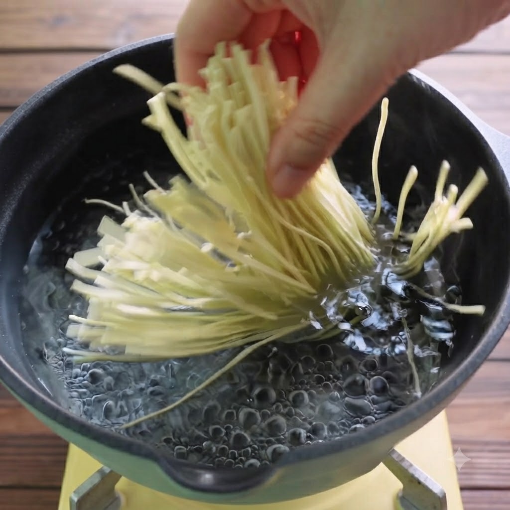 沸騰したお湯の入った鍋に、束ねた生麺を投入している手。