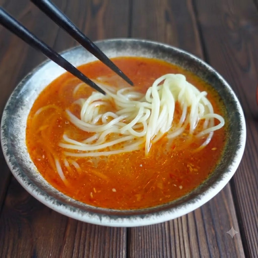 赤いスープに浸かった麺の上に、箸でスライス肉を配置している様子。