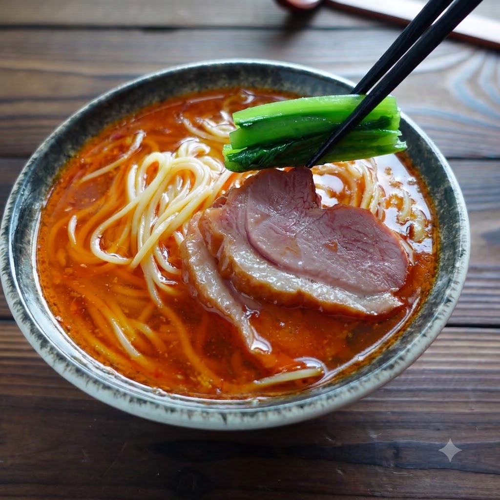 スライス肉がトッピングされたラーメンの丼の上に、緑黄色野菜を持った箸が差し出されている様子。