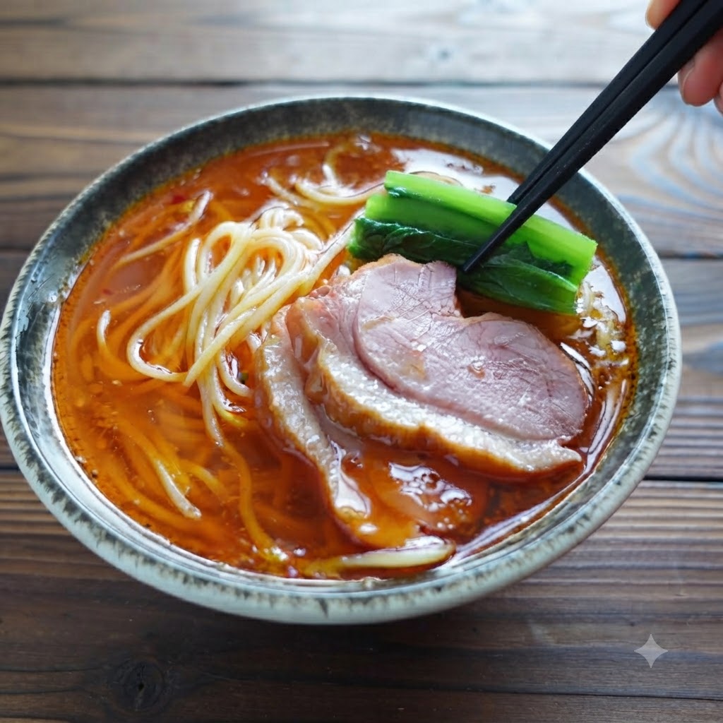 箸を使ってラーメンの丼にメンマを入れている様子。