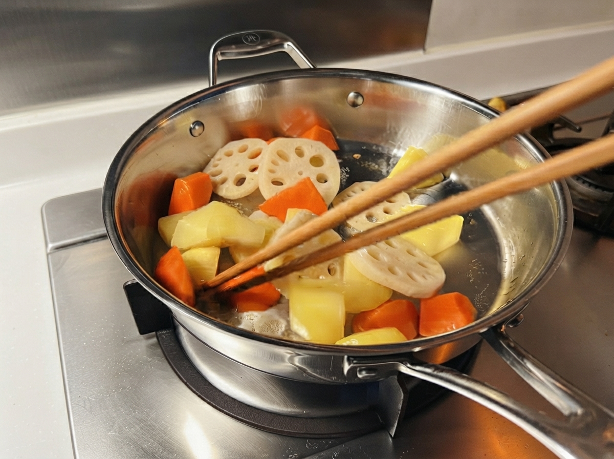 コンロの上のステンレス製フライパンで、菜箸を使って炒められている野菜のスライス
