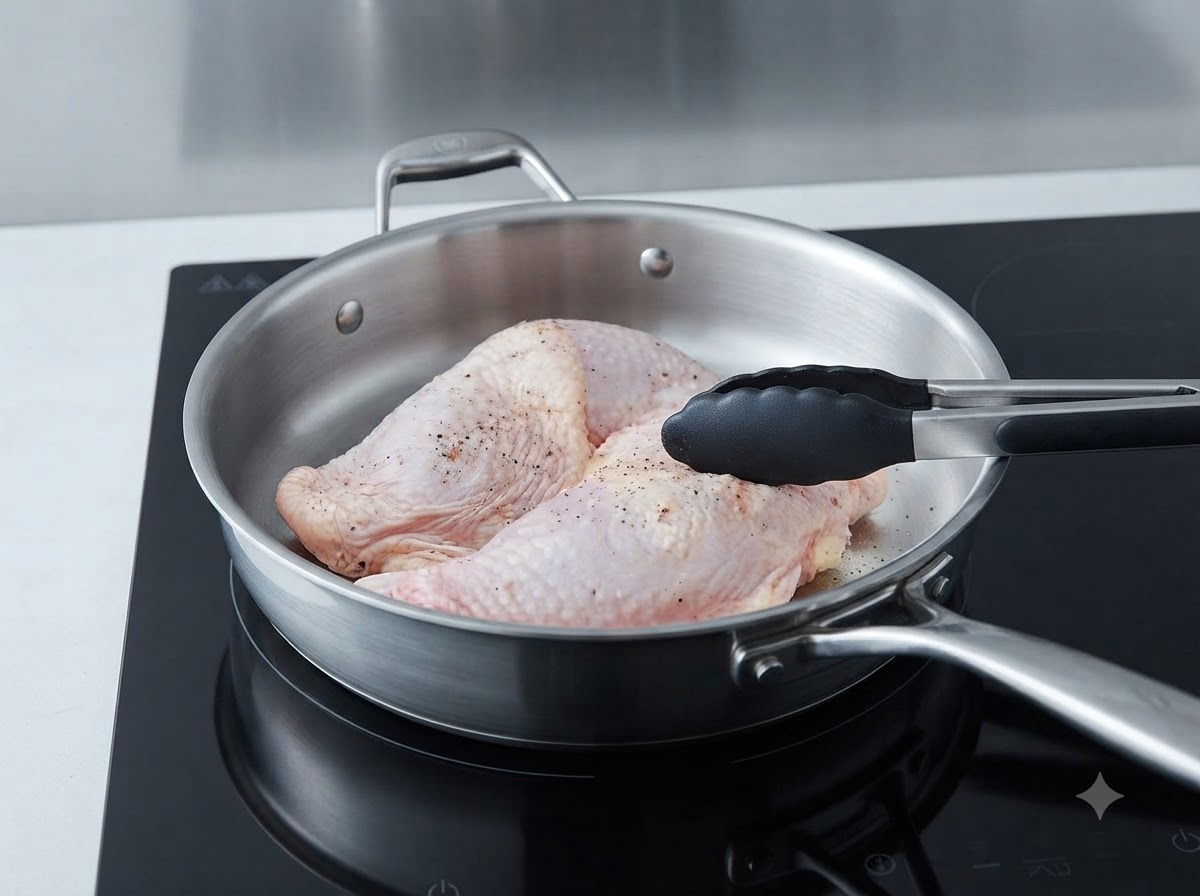 黒いトングで扱われながら、ステンレス製のフライパンで焼かれている下味付きの鶏もも肉