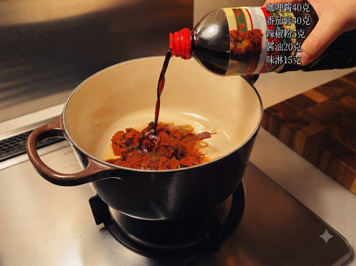 コンロの上の鍋に入れられたカレーペーストとスパイスの中に、ボトルから濃い色のソースが注がれている様子