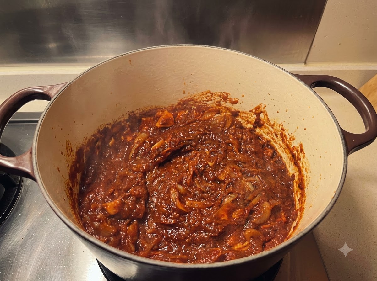濃厚でダークなカレーペーストのベースが入った大きなダッチオーブンに、液体のだしが注がれている様子