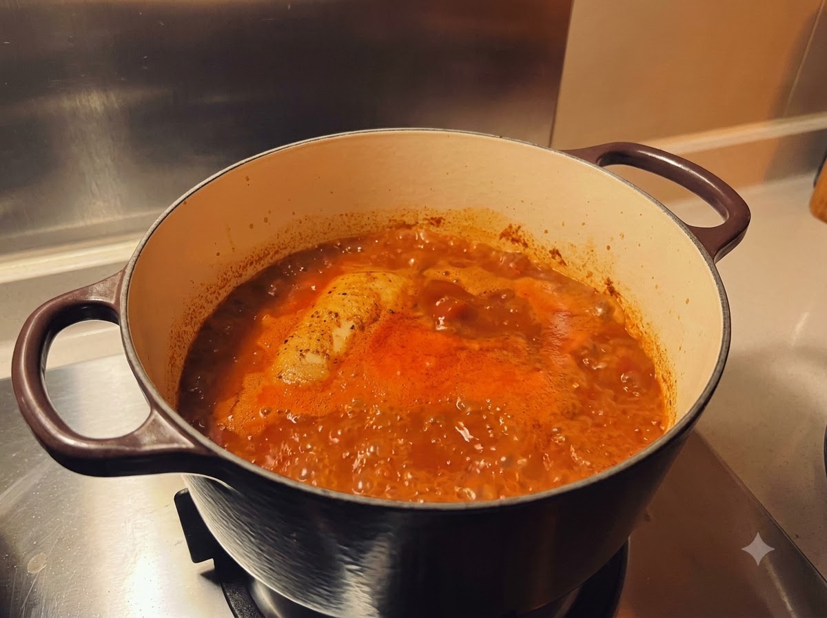 鍋の中で、鮮やかなオレンジレッド色の煮立ったカレーのスープに浸かった1枚の鶏もも肉