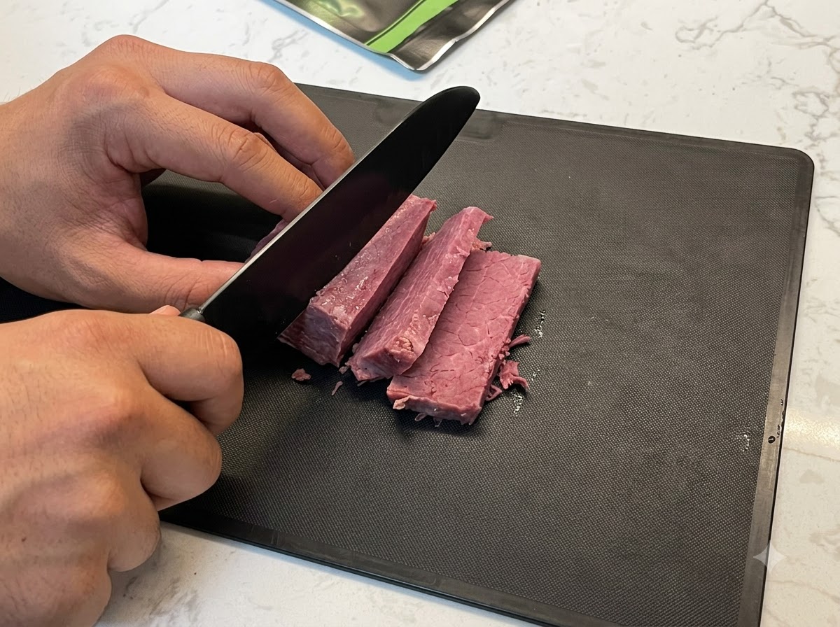 黒いまな板の上で厚めにスライスされている調理済み牛肉。