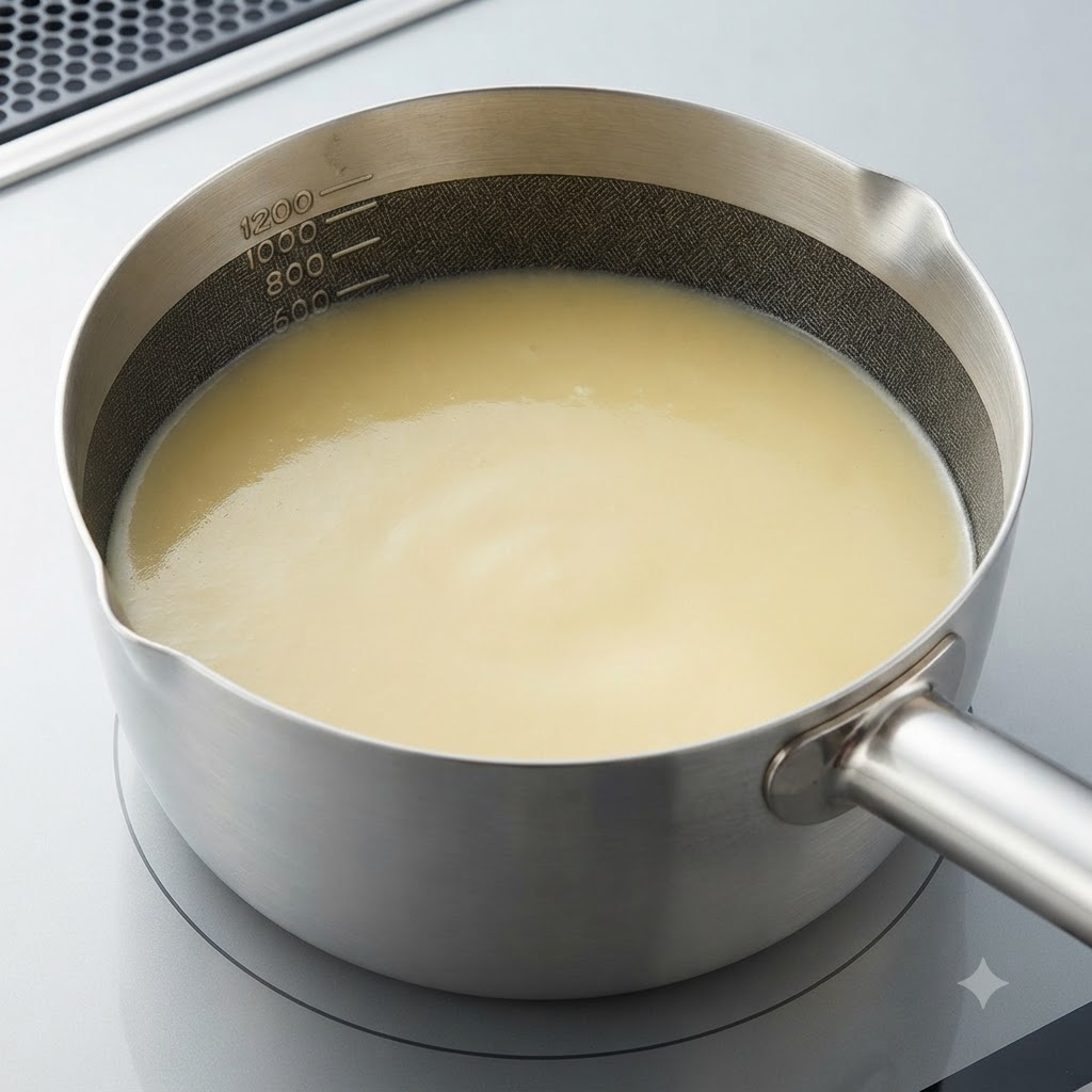金属製の片手鍋の中で混ぜ合わされているなめらかな白味噌のスープ。