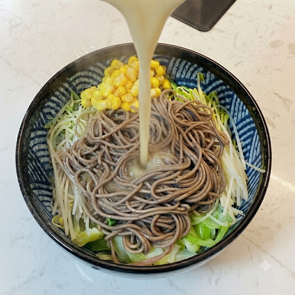 そば、キャベツ、もやし、コーンが入った丼に、ピッチャーから熱い味噌スープを注いでいる様子。
