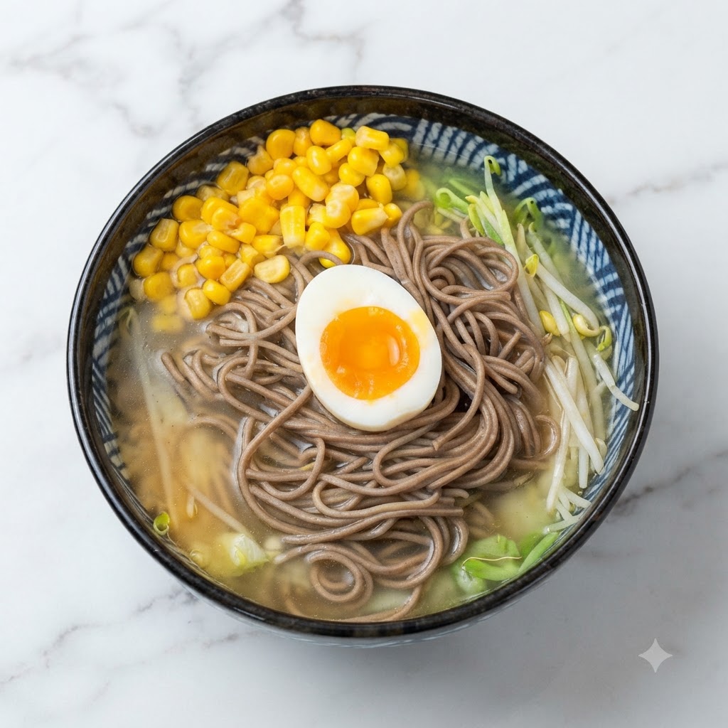 丼のそばの中央に繊細に配置された半分に切った半熟卵。
