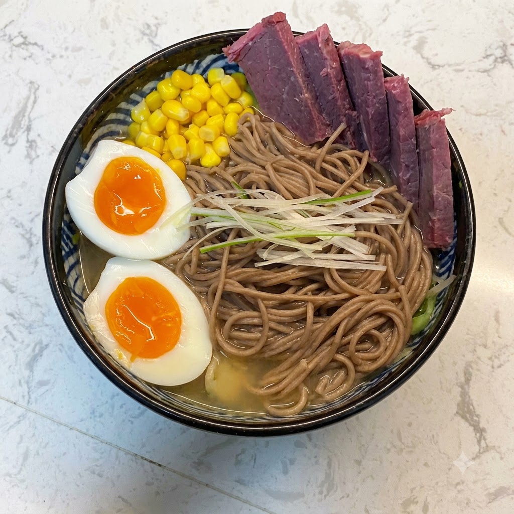 麺とスープの上、丼のフチにきれいに並べられた牛肉のスライス。