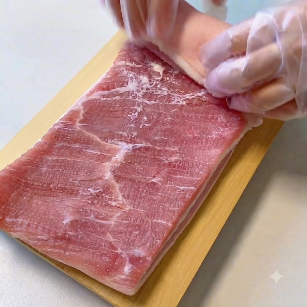 保護手袋をつけた手が、まな板の上で平らな生の豚バラ肉をきつく巻き上げている様子。