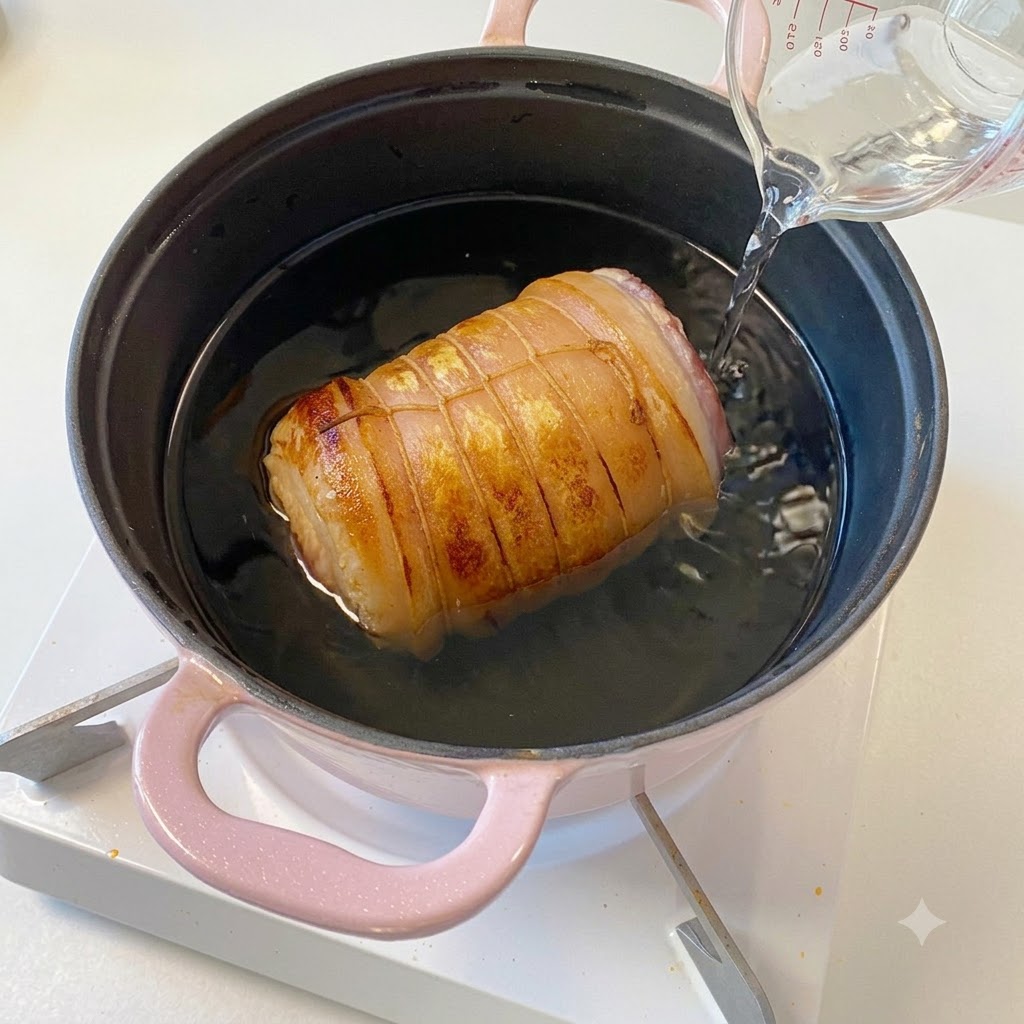 計量カップから水や調味料が、ピンク色の鍋に入った焼き豚に向かって注がれている様子。