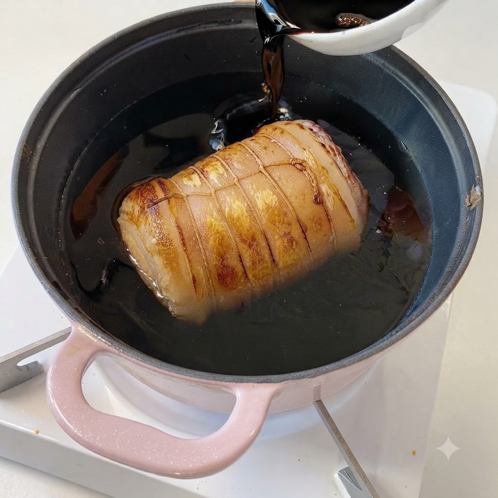 小さな白い皿から白砂糖が、ピンク色の鍋の煮汁に投入されている様子。
