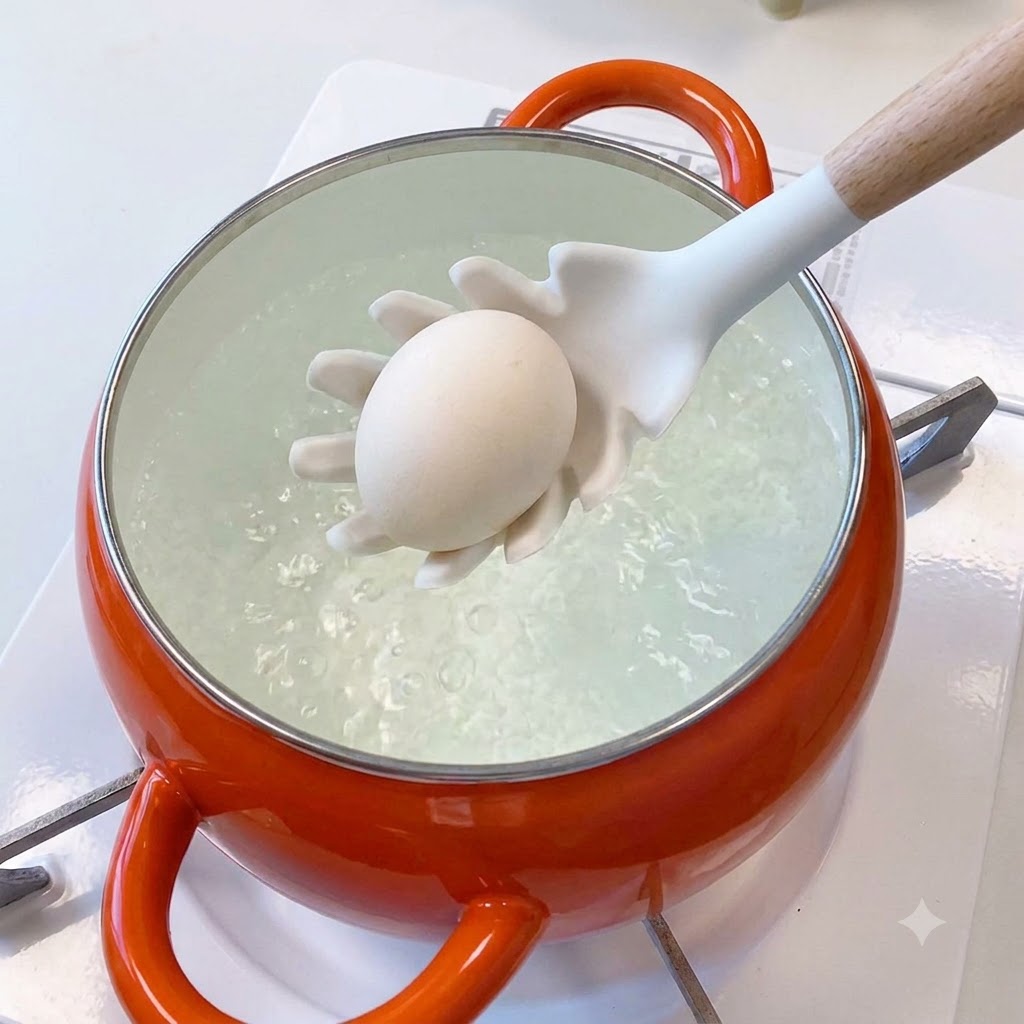 鮮やかなオレンジ色の鍋の沸騰したお湯に、スプーンに乗せた卵がそっと入れられている様子。