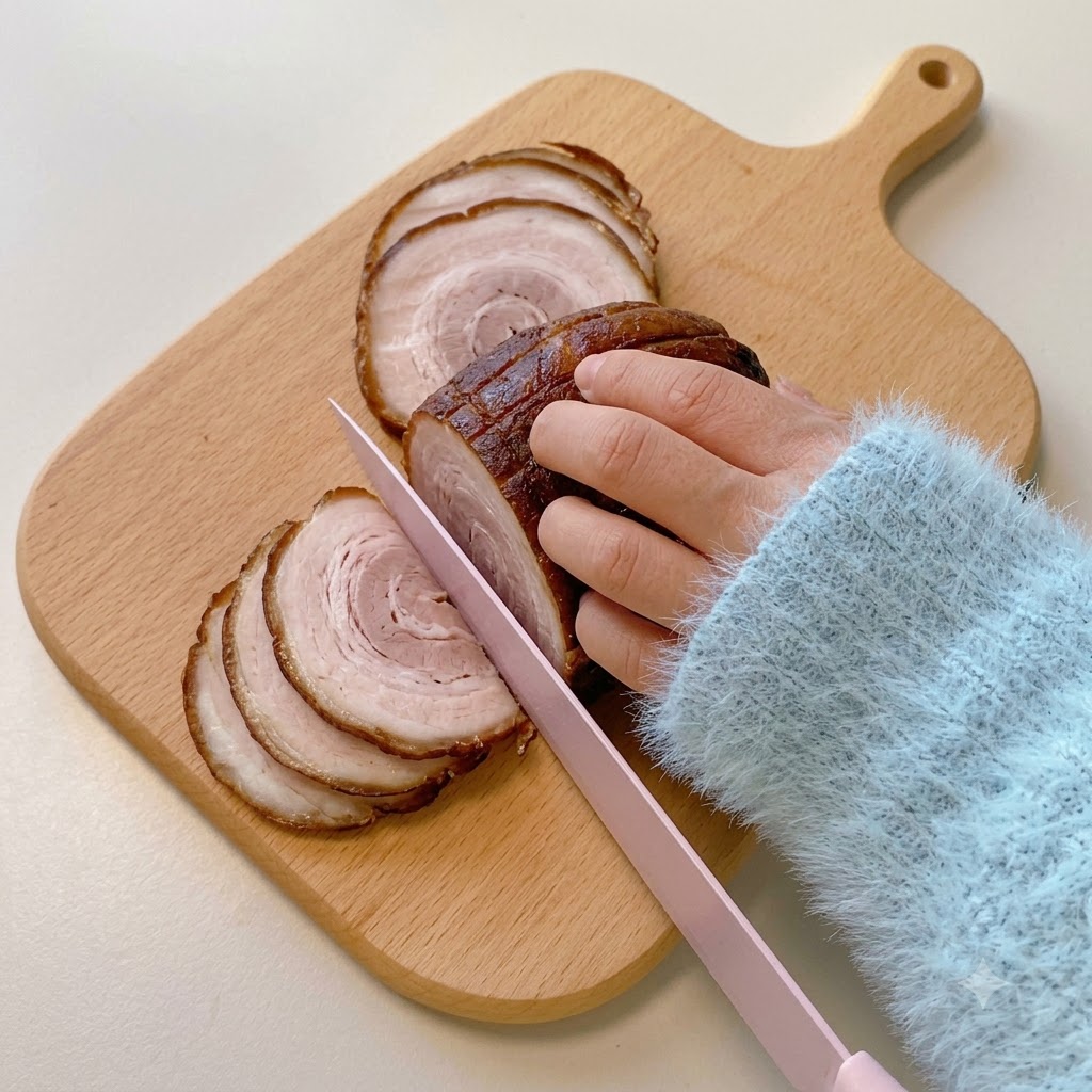 木製のまな板の上で、ピンク色の包丁を使ってロールチャーシューを均一な厚さにスライスしている様子。