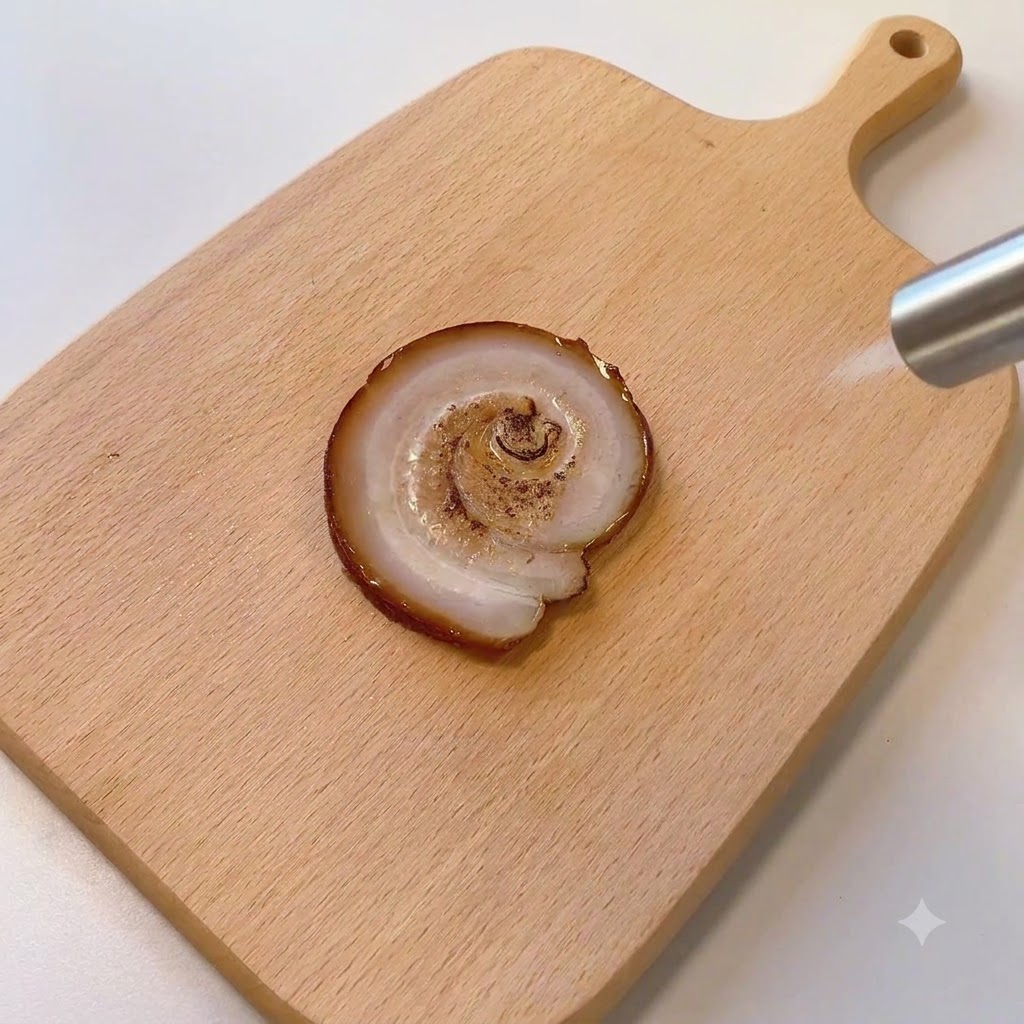 料理用バーナーを使って、木製ボード上のチャーシューの表面に焼き目をつけている様子。